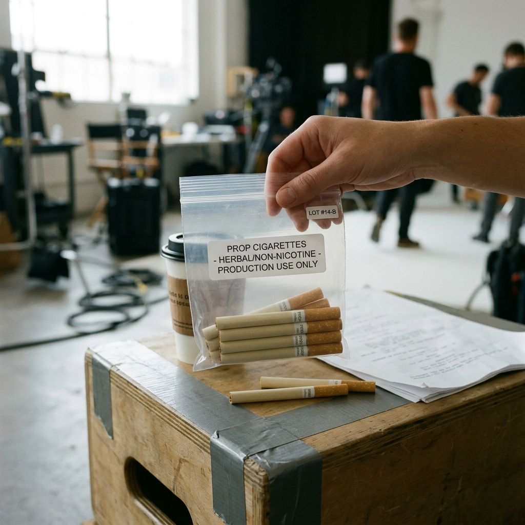 Bag labeled "PROP CIGARETTES - HERBAL/NON-NICOTINE - PRODUCTION USE ONLY" and "LOT #4-8" held on film set